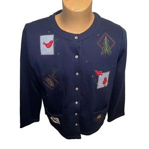 Kim Rogers Petites Navy Blue Christmas Sweatshirt Womens Size PL Snap Front